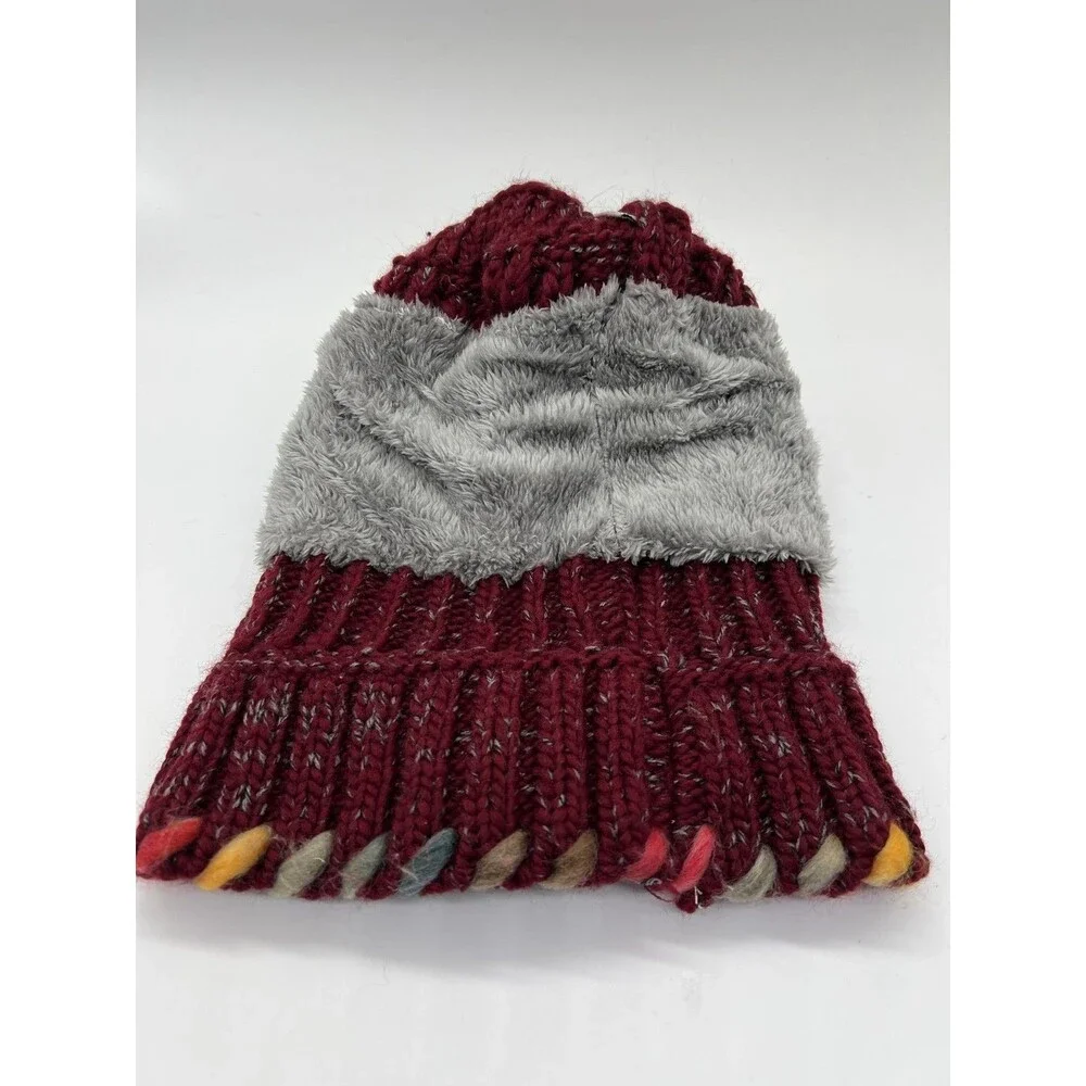 C.C Hat Beanie Womens One Size Red Knit Pom Fleece Lined Multicolor Cuff Winter